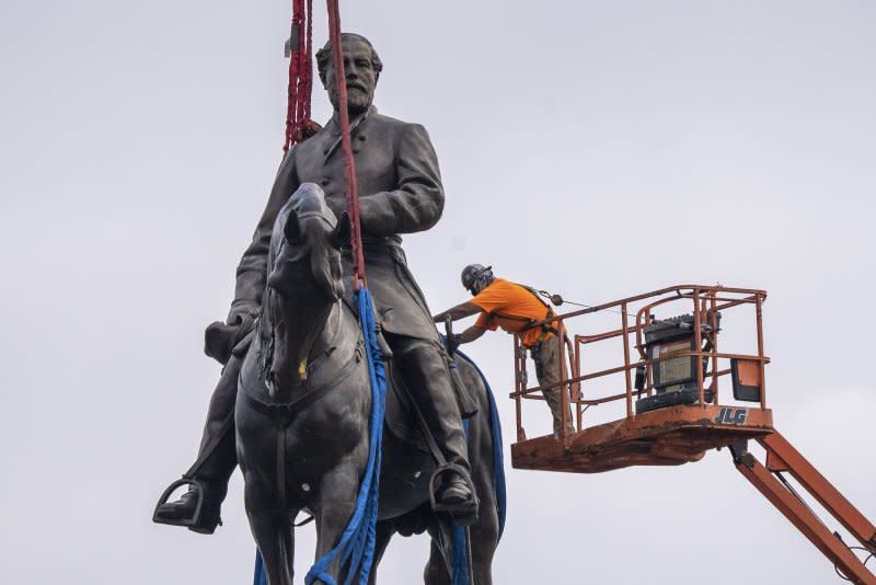 The statue of Gen. Robert E. Lee is dismantled in Richmond, Va., on September 8, 2021. On February 6, 1865, Lee was appointed commander in chief of the armies of the Confederacy, two months before surrendering to the Union. File Photo by Ken Cedeno/UPI