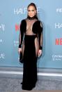 <p>She turned heads in a black velvet dress with sheer mesh panels by Tom Ford while celebrating the release of her Netflix documentary, <em>Halftime</em>. </p>