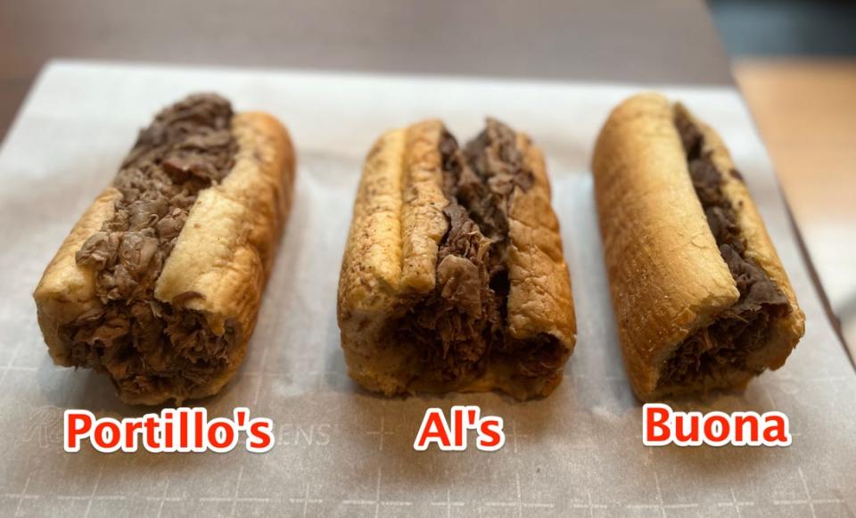 portillos, al's, buona italian beef sandwiches next to each other on parchment