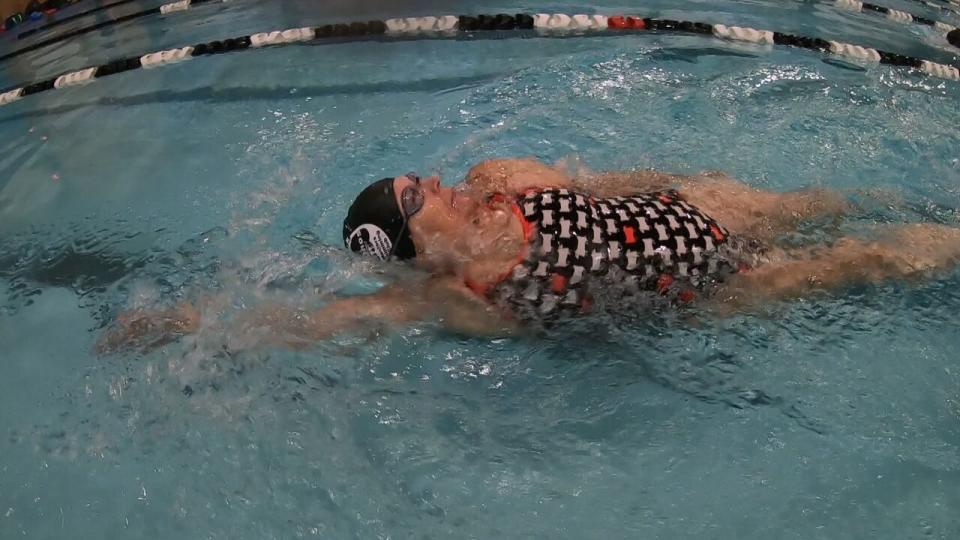 Linda Hunt has worked on her backstroke technique for many years preparing for local, provincial, national and world events at Centennial pool.