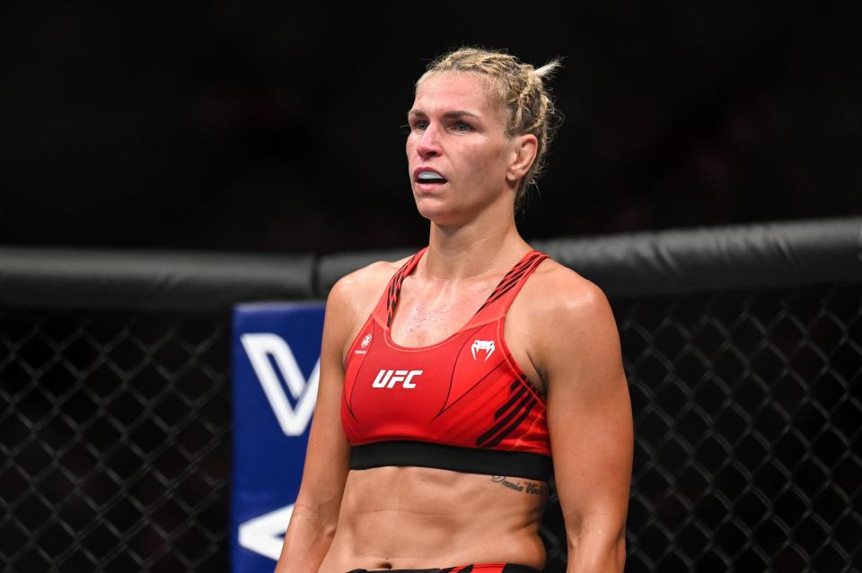 Sep 3, 2022; Paris, FRANCE; Stephanie Egger (red gloves) is introduced for her fight against Ailin Perez (blue gloves) during UFC Fight Night at Accor Arena. Mandatory Credit: Per Haljestam-USA TODAY Sports