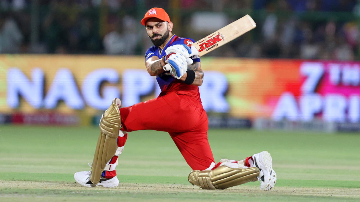  Virat Kohli of Royal Challengers Bengaluru is playing a shot during the Indian Premier League (IPL) 2024 T20 cricket match between Rajasthan Royals and Royal Challengers Bengaluru. 