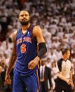 MIAMI, FL - APRIL 28: Center Tyson Chandler #6 of the New York Knicks stares after a flagerant foul against LeBron James #6 of the Miami Heat in Game One of the Eastern Conference Quarterfinals in the 2012 NBA Playoffs on April 28, 2012 at the American Airines Arena in Miami, Florida. The Heat defeated the Knicks 100-67. NOTE TO USER: User expressly acknowledges and agrees that, by downloading and or using this photograph, User is consenting to the terms and conditions of the Getty Images License Agreement. (Photo by Marc Serota/Getty Images)