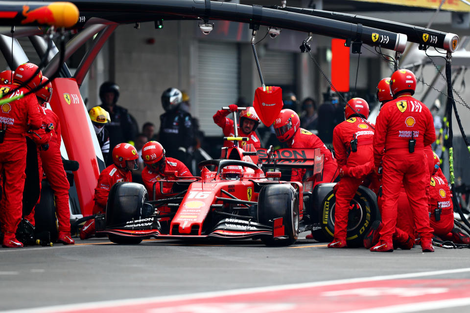 MEXICO CITY, MEXICO - OCTOBER 27: Charles Leclerc of Monaco driving the (16) Scuderia Ferrari SF90 makes a pitstop for new tyres during the F1 Grand Prix of Mexico at Autodromo Hermanos Rodriguez on October 27, 2019 in Mexico City, Mexico. (Photo by Dan Istitene/Getty Images)