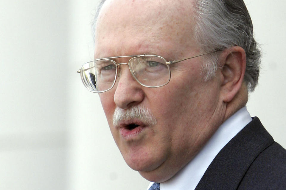 FILE - Alabama Supreme Court Justice Tom Parker speaks on the steps of the state judicial building on April 5, 2006, in Montgomery, Ala. When the court ruled that frozen embryos are children, its Chief Justice Parker made explicit use of Christian theology to justify the court's decision in his concurrence, where his language echoed the broader anti-abortion movement. (AP Photo/Jamie Martin, File)