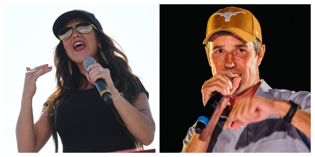 Republican Rep. Lauren Boebert of Colorado speaking at a Trump rally; Texas Democratic gubernatorial candidate Beto O'Rourke speaking at a campaign rally