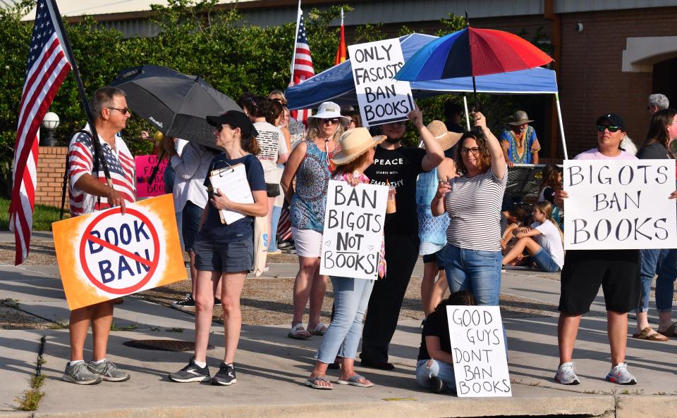 About 75 people showed up outside the Brevard County school board offices in Viera in June protesting the banning of books.