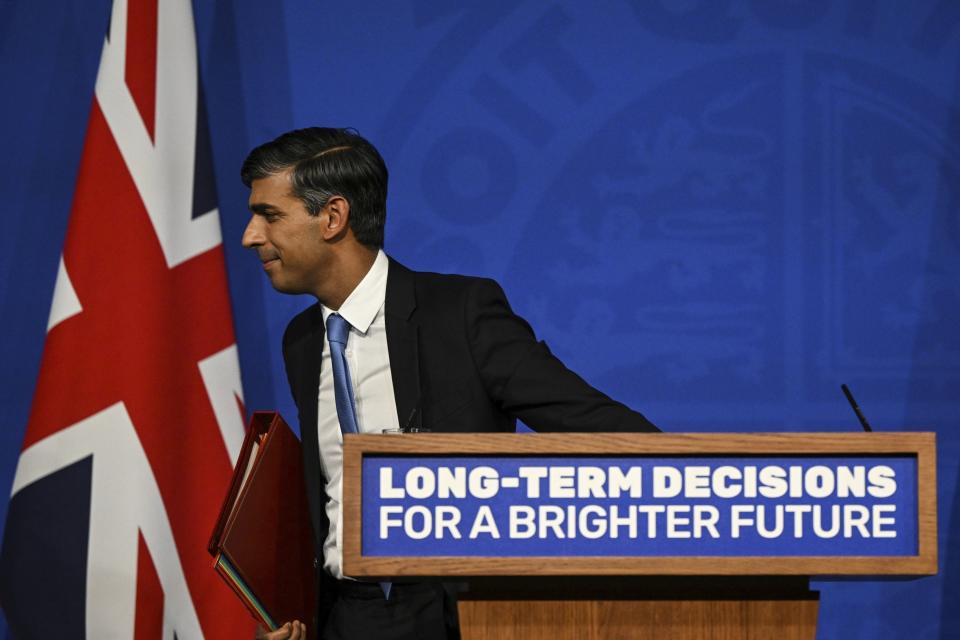 FILE - Britain's Prime Minister Rishi Sunak leaves after delivering a speech during a press conference on the net zero target, at the Downing Street Briefing Room, in central London, Wednesday Sept. 20, 2023. (Justin Tallis/Pool via AP, File)