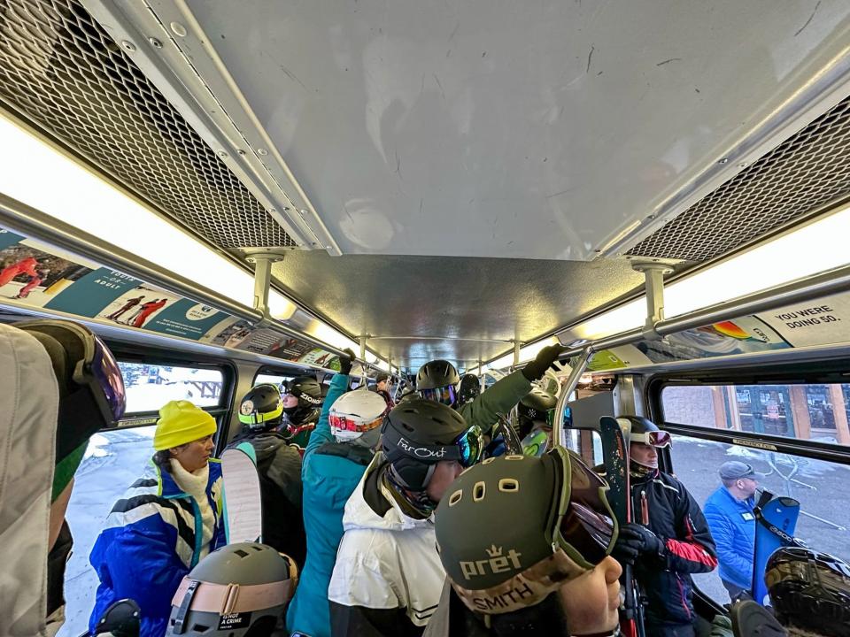 A crowded shuttle bus at the Copper Mountain Ski Resort.