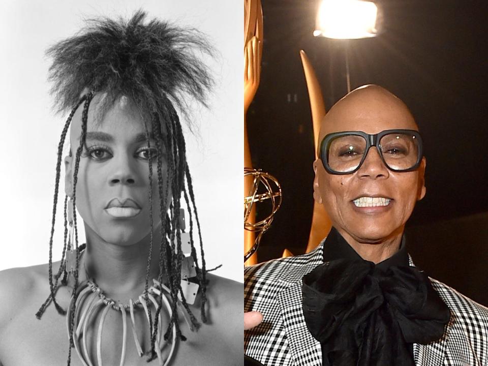 RuPaul posing for a portrait in 1987 and after accepting an award in 2022.