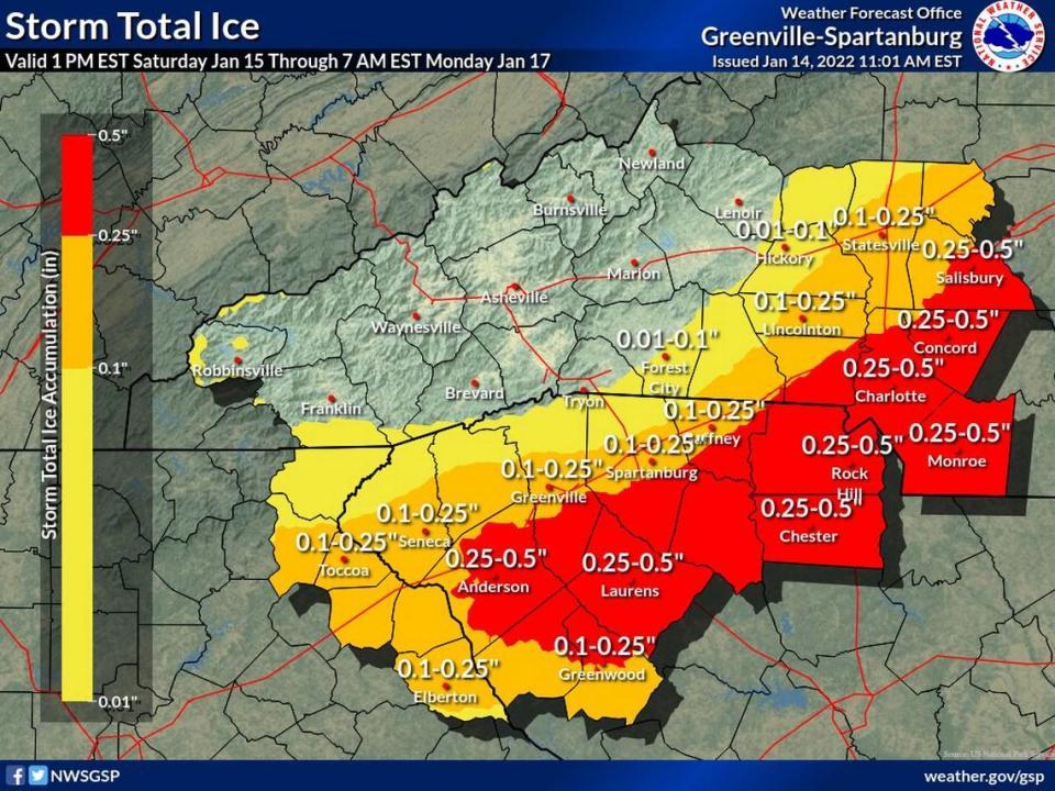 Up to a half inch of ice with “light sleet and snow accumulations“ is expected in much of Charlotte and surrounding areas from a winter storm on Sunday, Jan.16, 2022, National Weather Service forecasters said.
