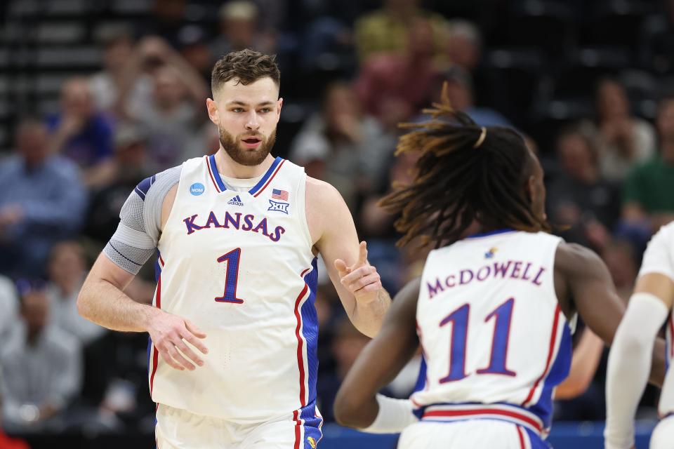 SALT LAKE CITY, UTAH - MARCH 21: Hunter Dickinson #1 of the Kansas Jayhawks reacts during the first half against the Samford Bulldogs in the first round of the NCAA Men's Basketball Tournament at Delta Center on March 21, 2024 in Salt Lake City, Utah. (Photo by Christian Petersen/Getty Images)