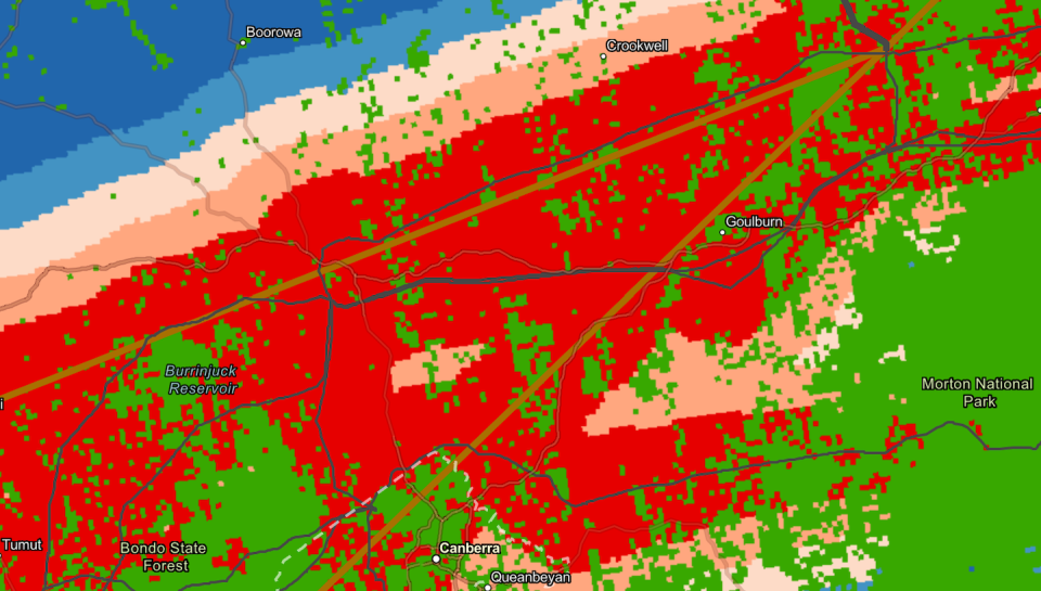 Heat map around Goulburn for the scenario with underground power lines and low solar costs. <a href="https://www.arcgis.com/home/webmap/viewer.html?webmap=f1a311a1f6cf42399f39d67dd04c6adf&extent=83.751,-49.176,180,-0.0352" rel="nofollow noopener" target="_blank" data-ylk="slk:RE100 Group;elm:context_link;itc:0;sec:content-canvas" class="link ">RE100 Group</a>, Author provided