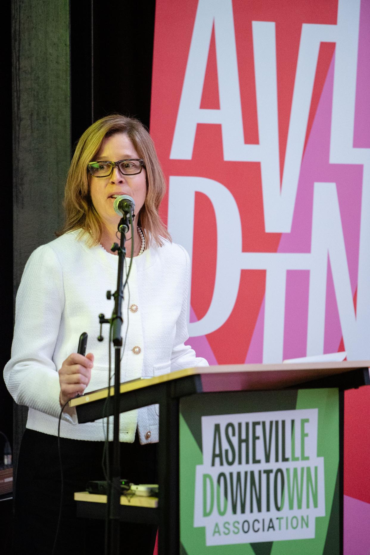 Asheville Mayor Esther Manheimer addresses the crowd at the State of Downtown event at Eulogy, March 19, 2024.