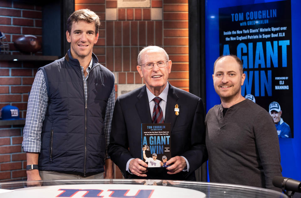 <p>Eli Manning, former New York Giants coach Tom Coughlin and PEOPLE editor Greg Hanlon announce the publication of <i>A Giant Win</i>, Coughlin and Hanlon's co-authored book focusing on the Giants' unexpected Super Bowl XLII win.</p>