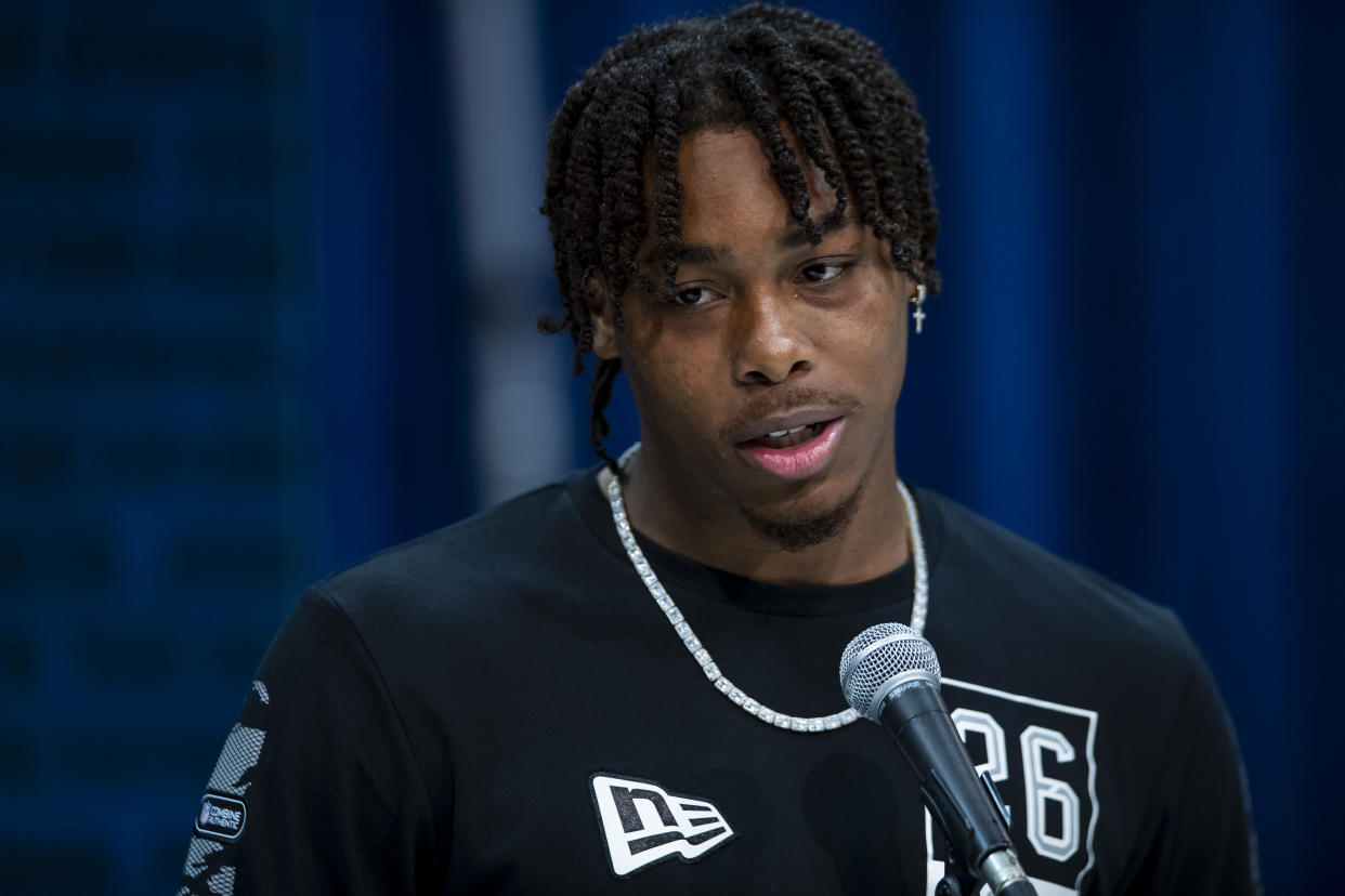 INDIANAPOLIS, IN - FEBRUARY 25: Justin Jefferson #WO26 of the LSU Tigers speaks to the media at the Indiana Convention Center on February 25, 2020 in Indianapolis, Indiana. (Photo by Michael Hickey/Getty Images) *** Local Capture *** Justin Jefferson