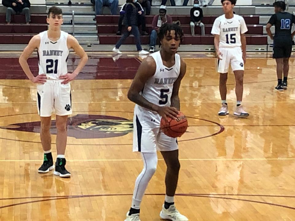 Ranney School's T.J. Braswell-Brown concentrates before attempting a free throw against Sayreville on Dec. 27, 2021.