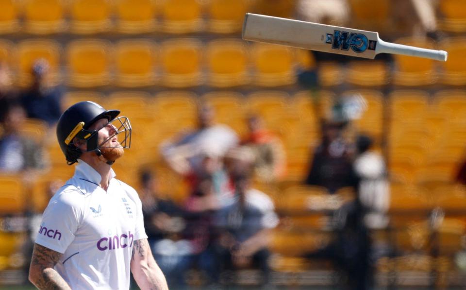 Ben Stokes tosses his bat in the air after being bowled by Ravichandran Ashwin