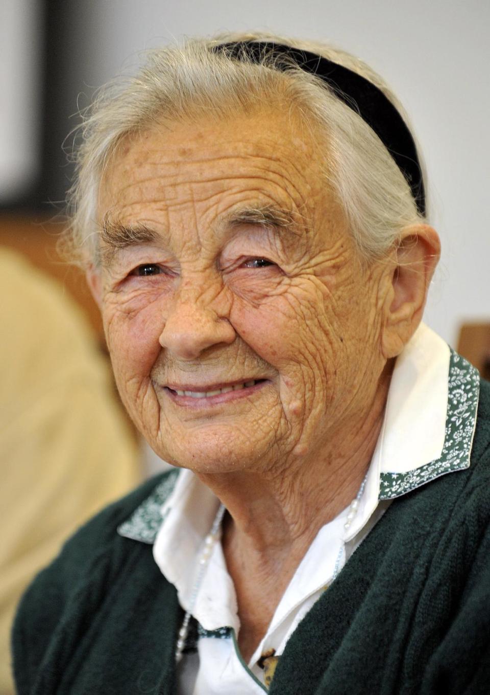 File-This July 25, 2008 file photo shows Maria von Trapp, daughter of Austrian Baron Georg von Trapp, smiling during a press conference at the Villa Trapp in Salzburg, Austria. The last surviving member of the famous Trapp Family Singers made famous in “The Sound of Music” died this week at her home in Vermont. She was 99. (AP Photo/ Kerstin Joensson, File)