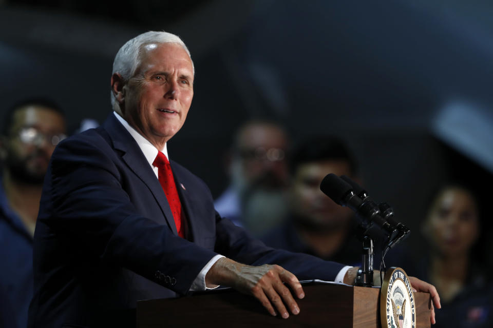 <p> Vice President Mike Pence speaks to airmen during a visit to Nellis Air Force Base in Las Vegas, Friday, Sept. 7, 2018. (Steve Marcus/Las Vegas Sun via AP) </p>