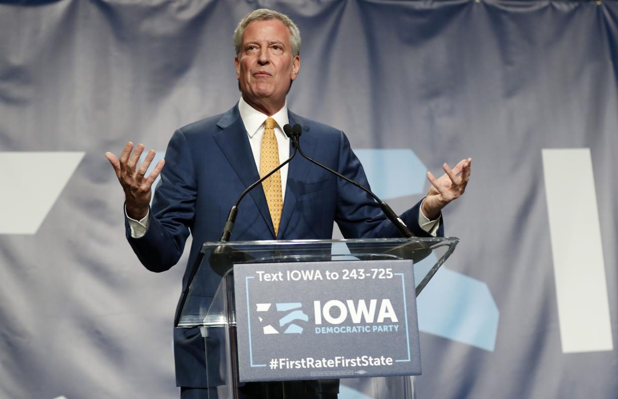 Then-Democratic presidential candidate Bill de Blasio speaks during the Iowa Democratic Party's Hall of Fame Celebration in Cedar Rapids, Iowa. 