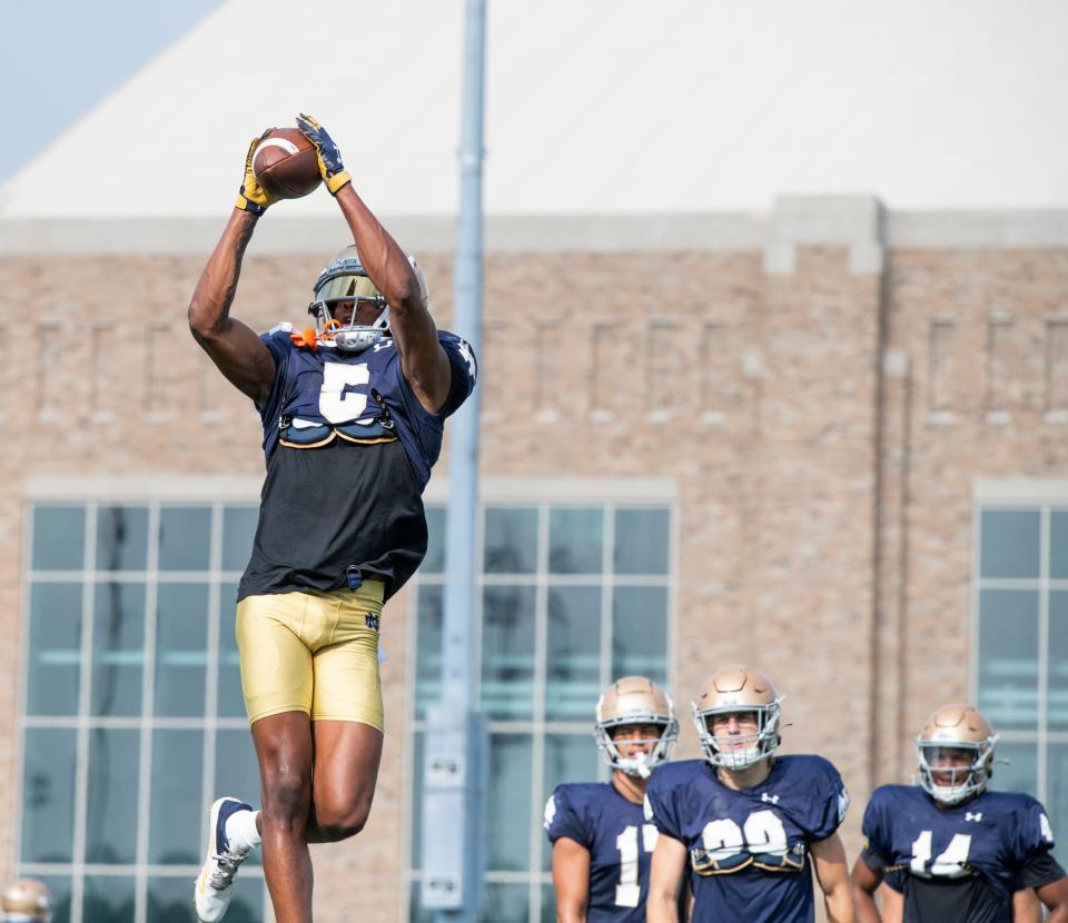 Cam Hart CB of the Fighting Irish at Notre Dame football practice at the Irish Athletic Center on August 10, 2023. 