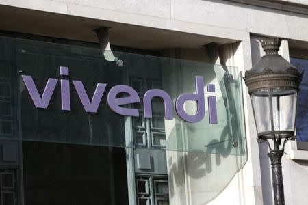 The Vivendi logo is pictured at the main entrance of the entertainment-to-telecoms conglomerate headquarters in Paris, March 10, 2016. REUTERS/Charles Platiau