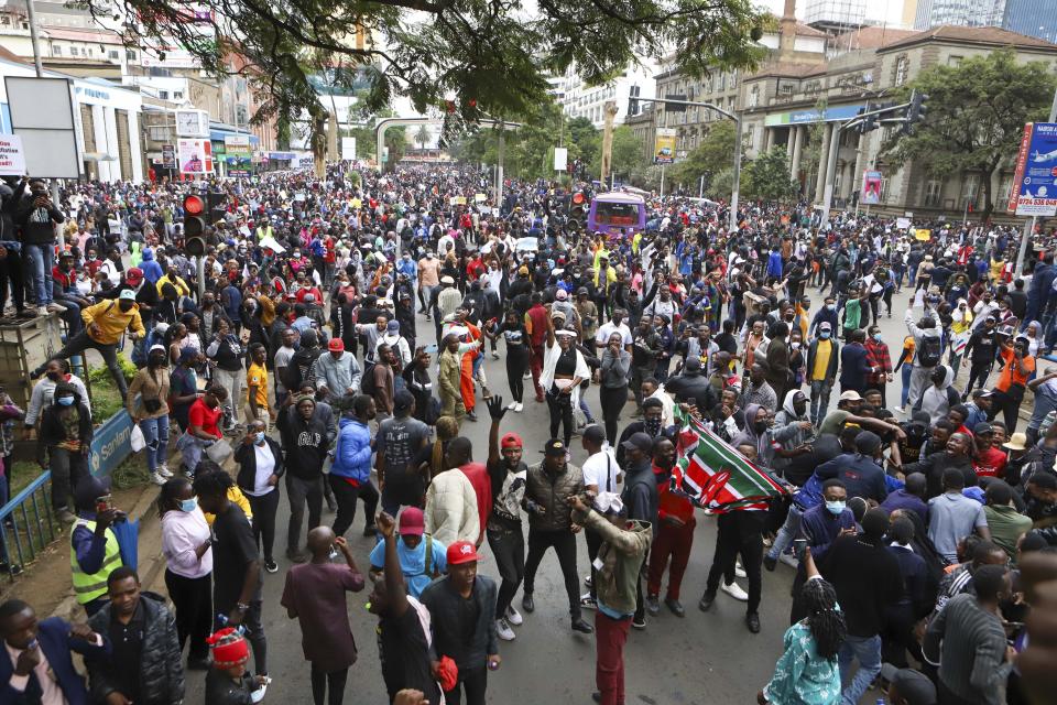 Thousand protest over proposed tax hikes in a finance bill that is due to be tabled in parliament in Nairobi, Kenya, Thursday, June 20, 2024. Civil society groups say that despite the dozens of arrests, demonstrations and a planned sit-down outside the parliament buildings will continue. (AP Photo/ Andrew Kasuku)