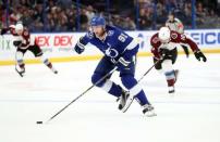 Dec 8, 2018; Tampa, FL, USA; Tampa Bay Lightning center Steven Stamkos (91) skates and scores a goal against the Colorado Avalanche during the first period at Amalie Arena. Kim Klement-USA TODAY Sports