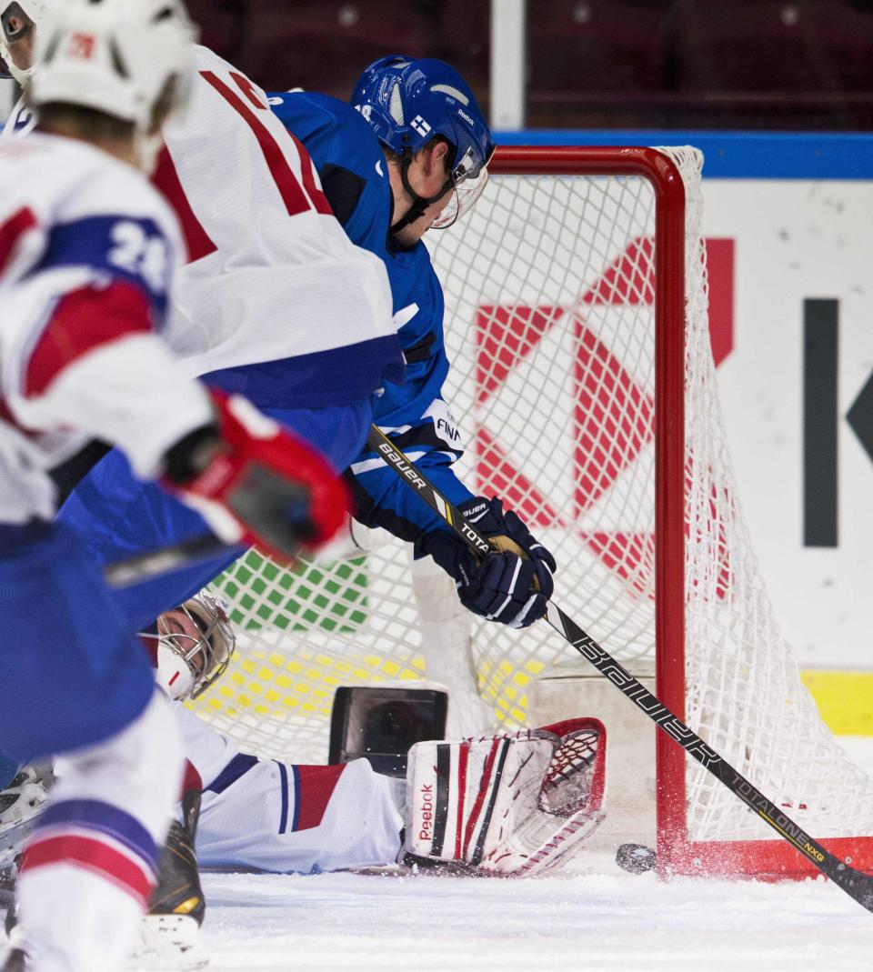 Finland scores against Norway, during IIHF hockey match in Malmo