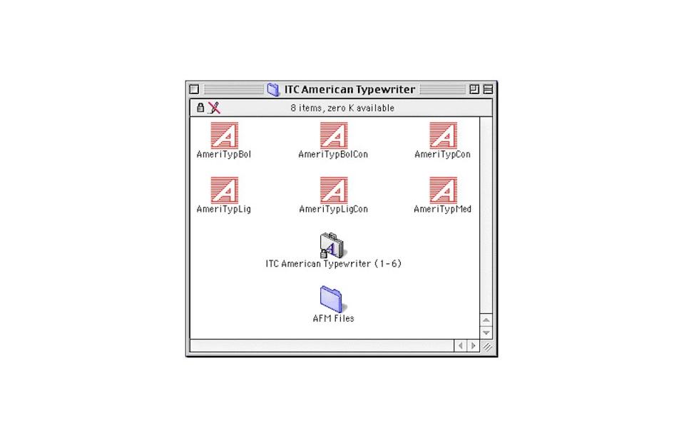 Original Type 1 fonts: Type 1 'outline' fonts at top, a bitmaped 'suitcase' font file for screen display, and Adobe Font Metrics files.