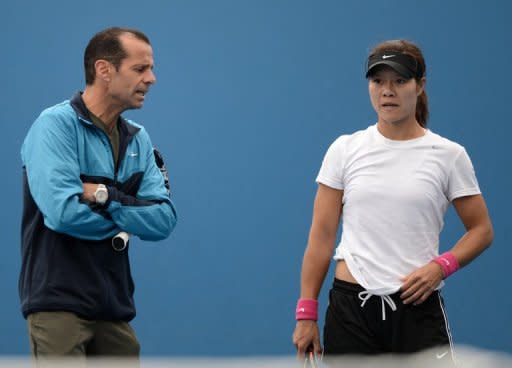 Li Na, pictured with her coach Carlos Rodriguez, during a training session in Melbourne, on January 13, 2013. Australian Open finalist and former French Open champion Li said on Thursday she is confident she can use her hard-won experience to hold off the emerging generation of players as she chases more Grand Slam glory