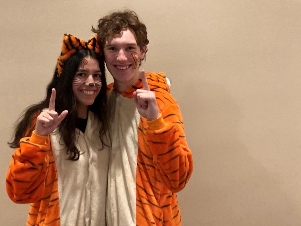 Princeton students Ryan “C.C.” Champeau and Austen Austen Mazenko in their Tiger outfits