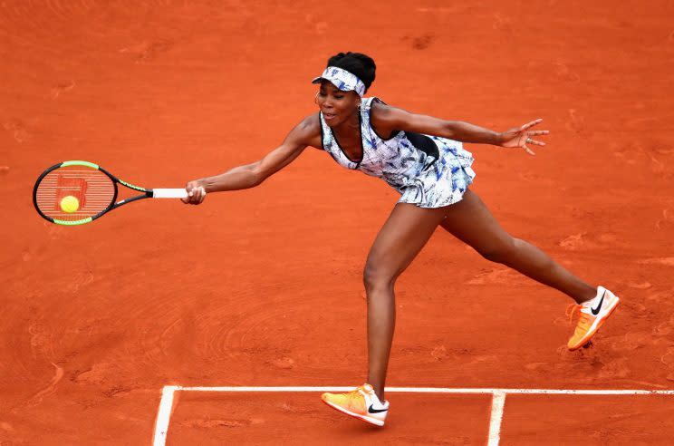 Venus Williams returns a shot from Elise Mertens during the third round of the French Open (Getty Images). 