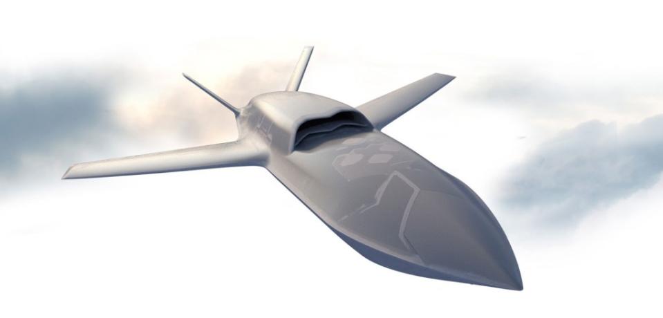 The most recent rendering of General Atomics Collaborative Combat Aircraft (CCA) design for the US Air Force. <em>General Atomics</em>