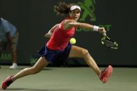 Mar 30, 2017; Miami, FL, USA; Johanna Konta of Great Britain reaches for a backhand against Venus Williams of the United States (not pictured) in a women's singles semi-final during the 2017 Miami Open at Crandon Park Tennis Center Mandatory Credit: Geoff Burke-USA TODAY Sports