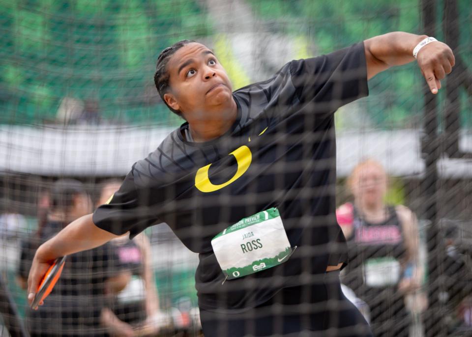 Oregon’s Jaida Ross competes in the women’s discus during the Oregon Preview meet at Hayward Field in Eugene, Ore. Saturday, March 18, 2023.