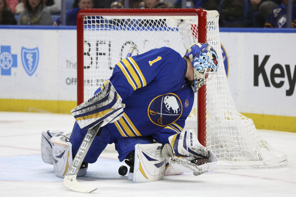 Buffalo Sabres goaltender Ukko-Pekka Luukkonen (1) looks for a loose puck during the second period of an NHL hockey game against the Anaheim Ducks Monday, Feb. 19, 2024, in Buffalo, N.Y. (AP Photo/Jeffrey T. Barnes)