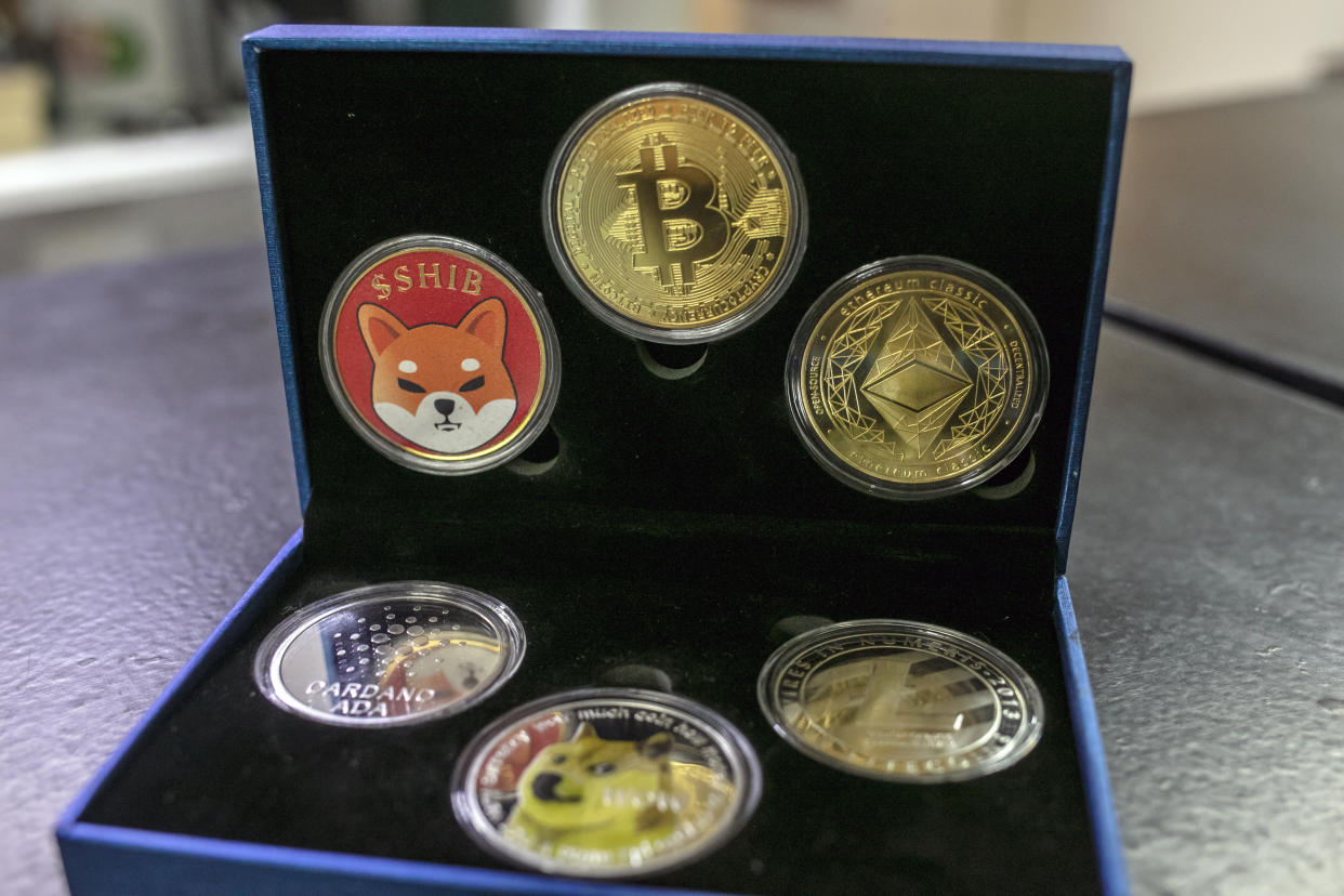 Coins of Bitcoin collections are displayed as merchandising in an exchange shop on March 17, 2022, in Buenos Aires, Argentina. (Photo Illustration by Ricardo Ceppi/Getty Images)