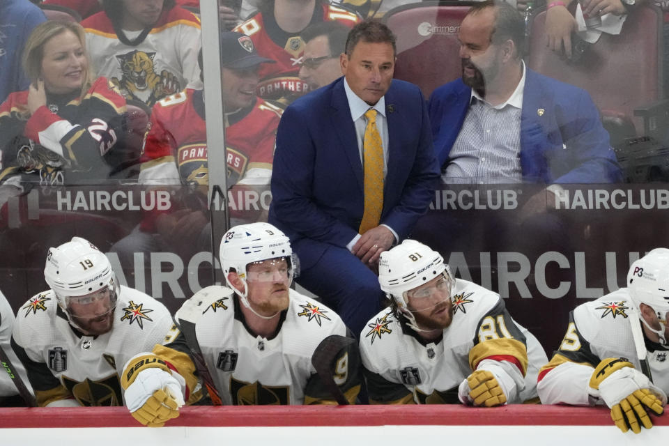 Vegas Golden Knights head coach Bruce Cassidy watches his team during the second period of Game 3 of the NHL hockey Stanley Cup Finals against the Florida Panthers, Thursday, June 8, 2023, in Sunrise, Fla. (AP Photo/Rebecca Blackwell)