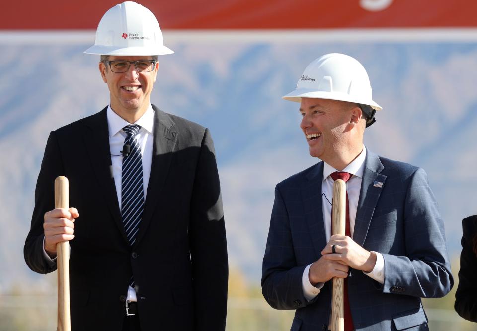 Texas Instruments president and CEO Haviv Ilan and Gov. Spencer Cox laugh during a ground breaking ceremony for Texas Instruments’ second Utah semiconductor factory in Lehi on Thursday, Nov. 2, 2023. | Kristin Murphy, Deseret News