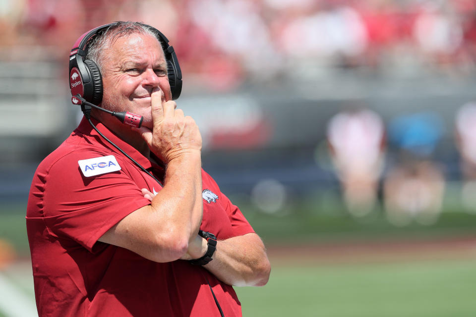 Sep 2, 2023; Little Rock, Arkansas, USA; Arkansas Razorbacks head coach Sam Pittman during the second half against the Western Carolina Catamounts at War Memorial Stadium. Mandatory Credit: Nelson Chenault-USA TODAY Sports