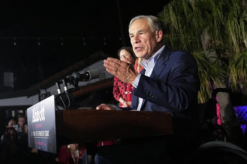 Texas Gov. Greg Abbott speaks during an election night party Tuesday, Nov. 8, 2022, in McAllen, Texas. (AP Photo/David J. Phillip)