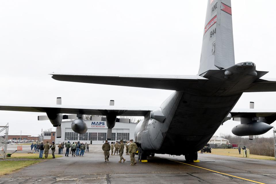 A C-130H Hercules Air Force combat cargo aircraft, with guidance from the Mansfield-based Ohio Air National Guard 179th Airlift Wing, makes its way Saturday to the MAPS Air Museum in Green.