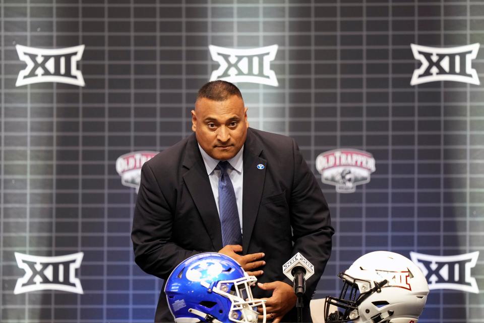 BYU coach Kalani Sitake prepares to speak at the Big 12 college football media days in Arlington, Texas, on July 12.