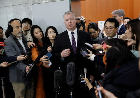 U.S. special representative for North Korea Stephen Biegun answers reporters' questions after the meeting with South Korea's Special Representative for Korean Peninsula Peace and Security Affairs Lee Do-hoon at the Foreign Ministry in Seoul, South Korea, December 21, 2018. REUTERS/Kim Hong-Ji