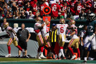 San Francisco 49ers wide receiver Jauan Jennings (15) celebrates his touchdown with teammates during the first half of an NFL football game against the Philadelphia Eagles on Sunday, Sept. 19, 2021, in Philadelphia. (AP Photo/Matt Slocum)