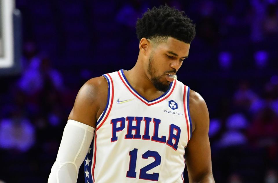 Oct 7, 2021; Philadelphia, Pennsylvania, USA; Philadelphia 76ers forward Tobias Harris (12) against the Toronto Raptors at Wells Fargo Center. Mandatory Credit: Eric Hartline-USA TODAY Sports - 16965659