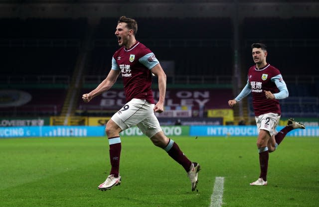 Burnley’s Chris Wood celebrates scoring the winning goal