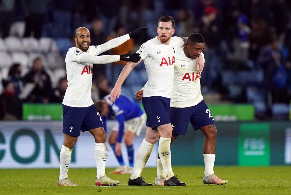 Tottenham Hotspur’s Lucas Moura, Pierre-Emile Hojbjerg and Steven Bergwijn (left-right) celebrate their win after the final whistle of the Premier League match at the King Power Stadium, Leicester. Picture date: Wednesday January 19, 2022. (PA Wire)